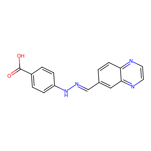 4-[(2E)-2-(quinoxalin-6-ylmethylidene)hydrazinyl]benzoic acid structure