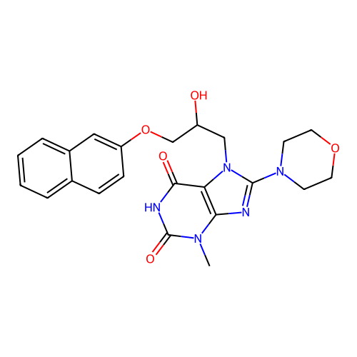 7-(2-hydroxy-3-(naphthalen-2-yloxy)propyl)-3-methyl-8-morpholino-1H-purine-2,6(3H,7H)-dione structure