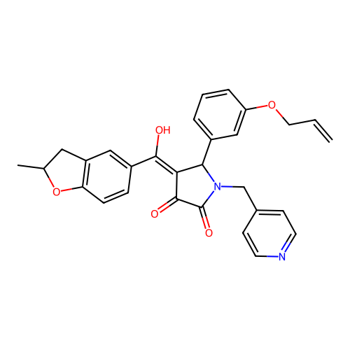 (4E)-4-[hydroxy-(2-methyl-2,3-dihydro-1-benzofuran-5-yl)methylidene]-5-(3-prop-2-enoxyphenyl)-1-(pyridin-4-ylmethyl)pyrrolidine-2,3-dione structure