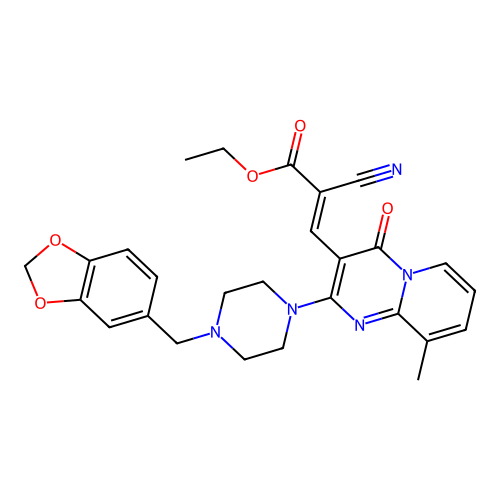 (E)-3-[2-(4-Benzo[1,3]dioxol-5-ylmethyl-piperazin-1-yl)-9-methyl-4-oxo-4H-pyrido[1,2-a]pyrimidin-3-yl]-2 -cyano-acrylic acid ethyl ester structure