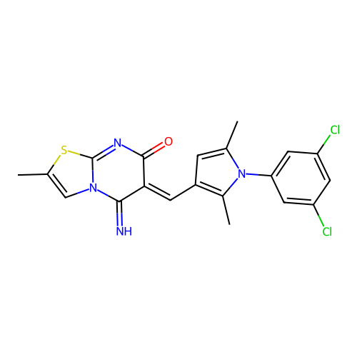 (6Z)-6-[[1-(3,5-dichlorophenyl)-2,5-dimethylpyrrol-3-yl]methylidene]-5-imino-2-methyl-[1,3]thiazolo[3,2-a]pyrimidin-7-one structure