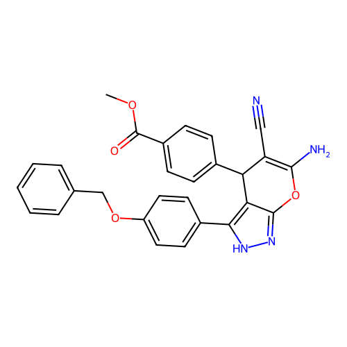 methyl 4-(6-amino-3-(4-(benzyloxy)phenyl)-5-cyano-1,4-dihydropyrano[2,3-c]pyrazol-4-yl)benzoate structure