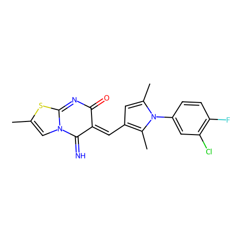 (6Z)-6-[[1-(3-chloro-4-fluorophenyl)-2,5-dimethylpyrrol-3-yl]methylidene]-5-imino-2-methyl-[1,3]thiazolo[3,2-a]pyrimidin-7-one structure