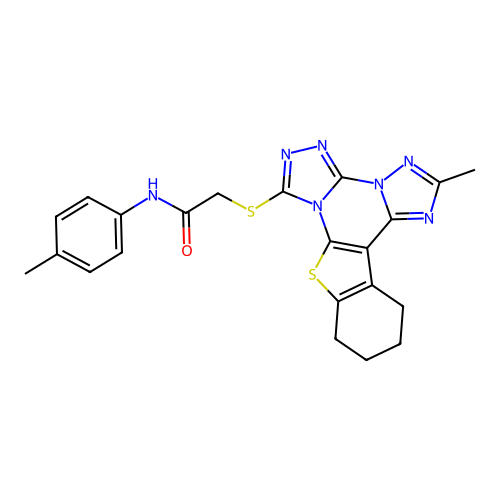 2-((2-methyl-10,11,12,13-tetrahydrobenzo[4,5]thieno[3,2-e]bis([1,2,4]triazolo)[4,3-a:1',5'-c]pyrimidin-7-yl)thio)-N-(p-tolyl)acetamide structure