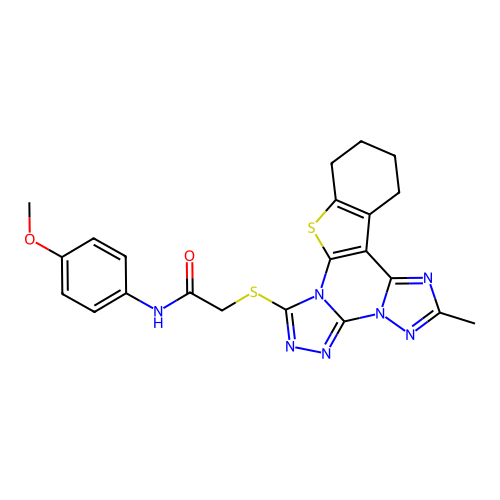 N-(4-methoxyphenyl)-2-((2-methyl-10,11,12,13-tetrahydrobenzo[4,5]thieno[3,2-e]bis([1,2,4]triazolo)[4,3-a:1',5'-c]pyrimidin-7-yl)thio)acetamide structure