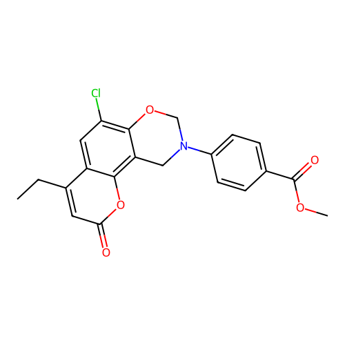 methyl 4-(6-chloro-4-ethyl-2-oxo-2H,8H-chromeno[8,7-e][1,3]oxazin-9(10H)-yl)benzoate structure