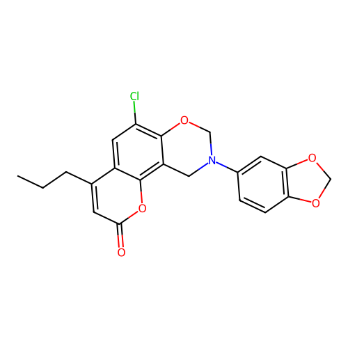 9-(1,3-benzodioxol-5-yl)-6-chloro-4-propyl-8,10-dihydropyrano[2,3-f][1,3]benzoxazin-2-one structure