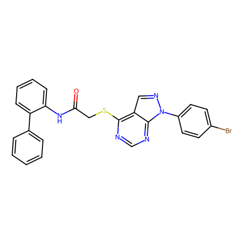 2-[1-(4-bromophenyl)pyrazolo[3,4-d]pyrimidin-4-yl]sulfanyl-N-(2-phenylphenyl)acetamide structure