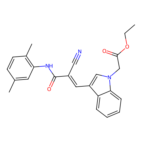 ethyl 2-[3-[(E)-2-cyano-3-(2,5-dimethylanilino)-3-oxoprop-1-enyl]indol-1-yl]acetate structure