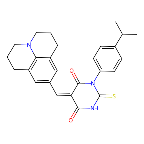(Z)-5-((1,2,3,5,6,7-hexahydropyrido[3,2,1-ij]quinolin-9-yl)methylene)-1-(4-isopropylphenyl)-2-thioxodihydropyrimidine-4,6(1H,5H)-dione structure