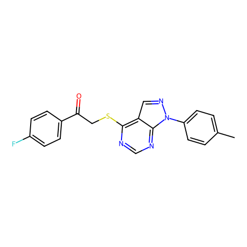 1-(4-fluorophenyl)-2-((1-(p-tolyl)-1H-pyrazolo[3,4-d]pyrimidin-4-yl)thio)ethanone structure