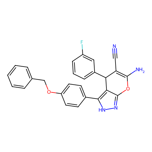 6-amino-3-(4-(benzyloxy)phenyl)-4-(3-fluorophenyl)-1,4-dihydropyrano[2,3-c]pyrazole-5-carbonitrile structure