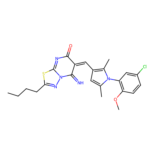 (6E)-2-butyl-6-[[1-(5-chloro-2-methoxyphenyl)-2,5-dimethylpyrrol-3-yl]methylidene]-5-imino-[1,3,4]thiadiazolo[3,2-a]pyrimidin-7-one structure