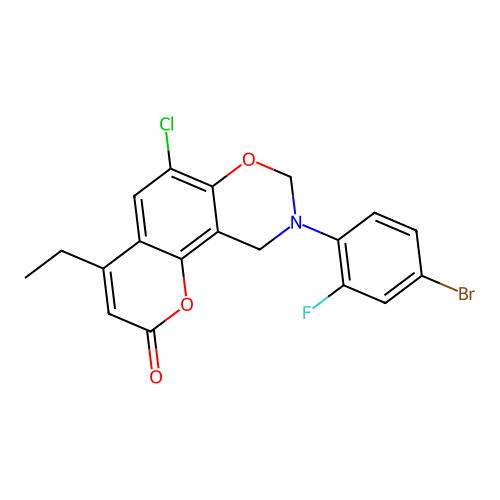 9-(4-bromo-2-fluorophenyl)-6-chloro-4-ethyl-8,10-dihydropyrano[2,3-f][1,3]benzoxazin-2-one structure