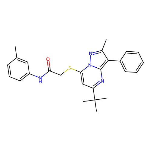 2-((5-(tert-butyl)-2-methyl-3-phenylpyrazolo[1,5-a]pyrimidin-7-yl)thio)-N-(m-tolyl)acetamide structure
