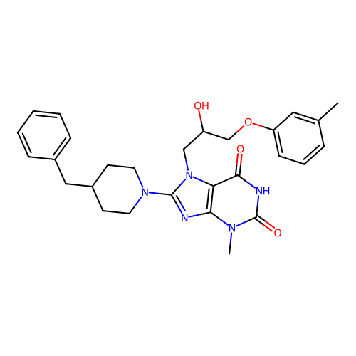 8-(4-benzylpiperidin-1-yl)-7-(2-hydroxy-3-(m-tolyloxy)propyl)-3-methyl-1H-purine-2,6(3H,7H)-dione structure