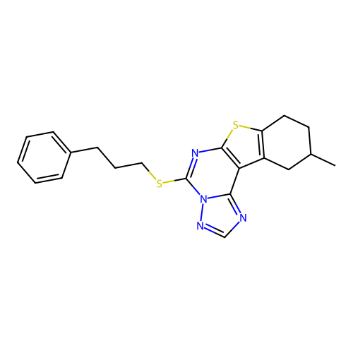 10-methyl-5-((3-phenylpropyl)thio)-8,9,10,11-tetrahydrobenzo[4,5]thieno[3,2-e][1,2,4]triazolo[1,5-c]pyrimidine structure