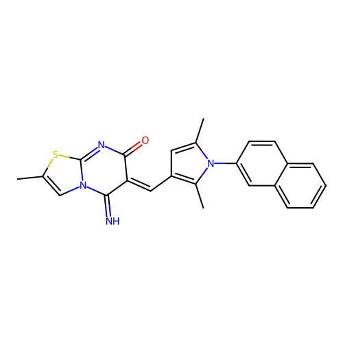 (6Z)-6-[(2,5-dimethyl-1-naphthalen-2-ylpyrrol-3-yl)methylidene]-5-imino-2-methyl-[1,3]thiazolo[3,2-a]pyrimidin-7-one structure