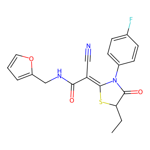 (2Z)-2-cyano-2-[5-ethyl-3-(4-fluorophenyl)-4-oxo-1,3-thiazolidin-2-ylidene]-N-(furan-2-ylmethyl)acetamide structure
