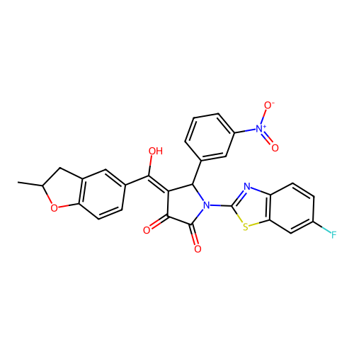 (4E)-1-(6-fluoro-1,3-benzothiazol-2-yl)-4-[hydroxy(2-methyl-2,3-dihydro-1-benzofuran-5-yl)methylidene]-5-(3-nitrophenyl)pyrrolidine-2,3-dione structure