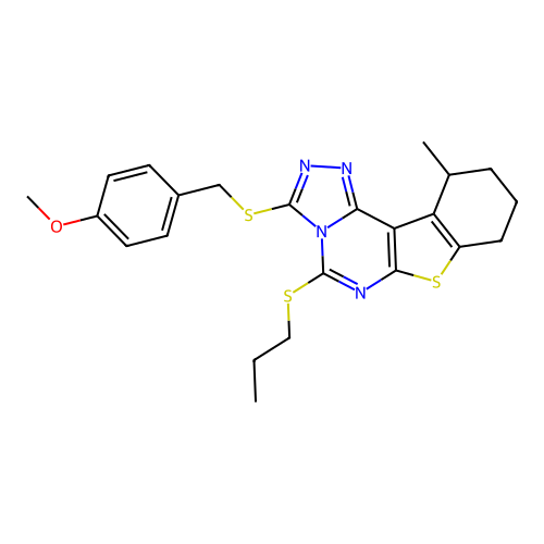 3-((4-methoxybenzyl)thio)-11-methyl-5-(propylthio)-8,9,10,11-tetrahydrobenzo[4,5]thieno[3,2-e][1,2,4]triazolo[4,3-c]pyrimidine structure