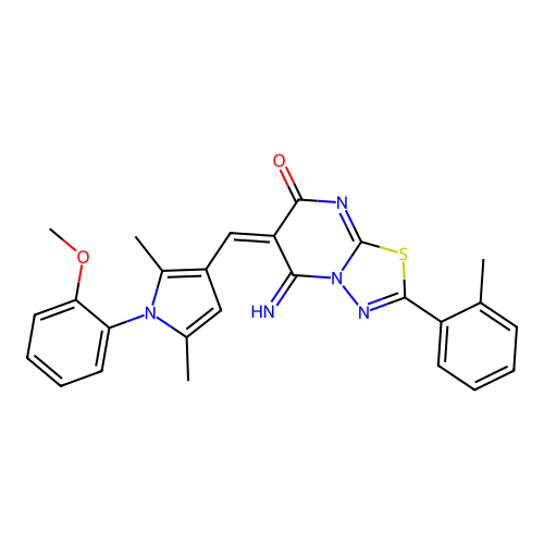 (6E)-5-imino-6-[[1-(2-methoxyphenyl)-2,5-dimethylpyrrol-3-yl]methylidene]-2-(2-methylphenyl)-[1,3,4]thiadiazolo[3,2-a]pyrimidin-7-one structure