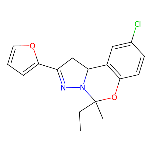 9-chloro-5-ethyl-2-(furan-2-yl)-5-methyl-1,10b-dihydropyrazolo[1,5-c][1,3]benzoxazine structure