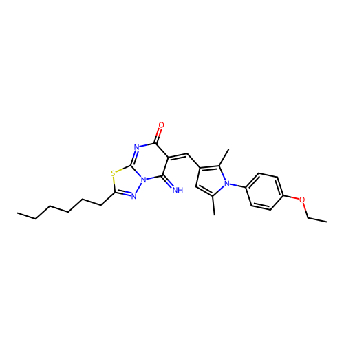 (E)-6-((1-(4-ethoxyphenyl)-2,5-dimethyl-1H-pyrrol-3-yl)methylene)-2-hexyl-5-imino-5H-[1,3,4]thiadiazolo[3,2-a]pyrimidin-7(6H)-one structure
