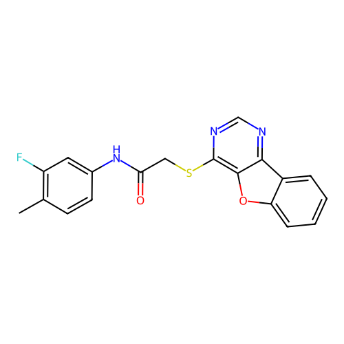 2-([1]benzofuro[3,2-d]pyrimidin-4-ylsulfanyl)-N-(3-fluoro-4-methylphenyl)acetamide structure