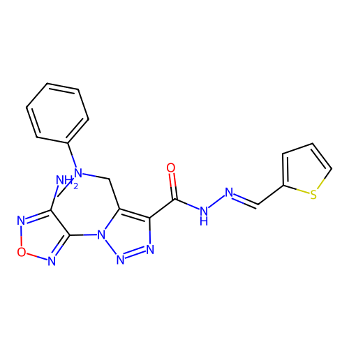 (E)-1-(4-amino-1,2,5-oxadiazol-3-yl)-5-((methyl(phenyl)amino)methyl)-N'-(thiophen-2-ylmethylene)-1H-1,2,3-triazole-4-carbohydrazide structure