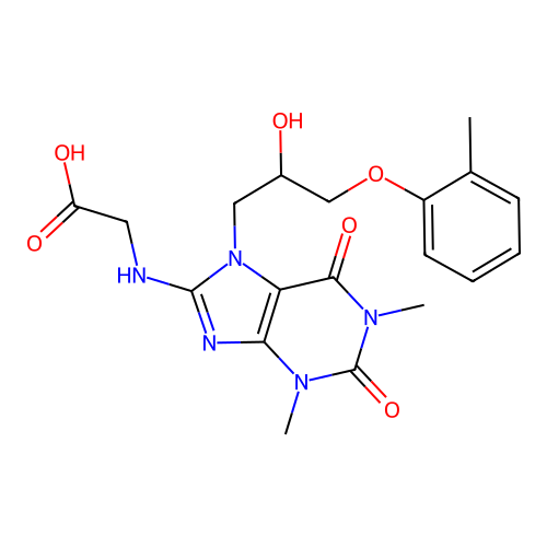 2-((7-(2-hydroxy-3-(o-tolyloxy)propyl)-1,3-dimethyl-2,6-dioxo-2,3,6,7-tetrahydro-1H-purin-8-yl)amino)acetic acid structure