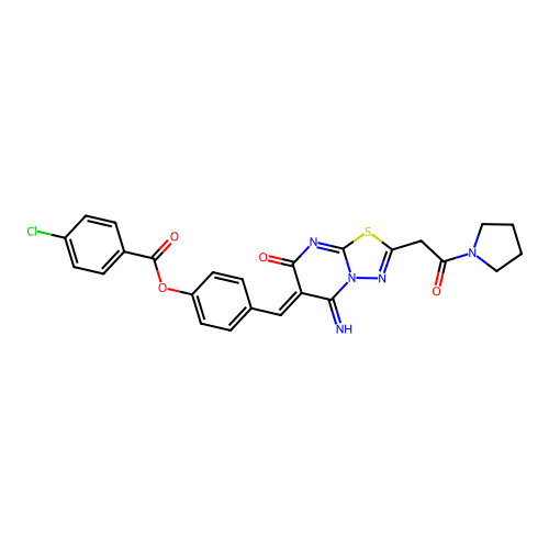 (Z)-4-((5-imino-7-oxo-2-(2-oxo-2-(pyrrolidin-1-yl)ethyl)-5H-[1,3,4]thiadiazolo[3,2-a]pyrimidin-6(7H)-ylidene)methyl)phenyl 4-chlorobenzoate structure