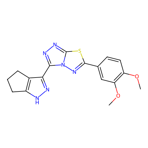 6-(3,4-dimethoxyphenyl)-3-(1,4,5,6-tetrahydrocyclopenta[c]pyrazol-3-yl)-[1,2,4]triazolo[3,4-b][1,3,4]thiadiazole structure