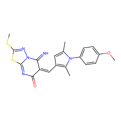 (6E)-5-imino-6-[[1-(4-methoxyphenyl)-2,5-dimethylpyrrol-3-yl]methylidene]-2-methylsulfanyl-[1,3,4]thiadiazolo[3,2-a]pyrimidin-7-one structure