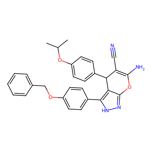 6-amino-3-(4-(benzyloxy)phenyl)-4-(4-isopropoxyphenyl)-1,4-dihydropyrano[2,3-c]pyrazole-5-carbonitrile structure