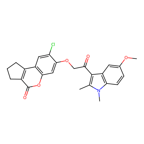 8-chloro-7-(2-(5-methoxy-1,2-dimethyl-1H-indol-3-yl)-2-oxoethoxy)-2,3-dihydrocyclopenta[c]chromen-4(1H)-one structure