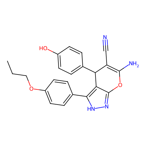 6-amino-4-(4-hydroxyphenyl)-3-(4-propoxyphenyl)-2,4-dihydropyrano[2,3-c]pyrazole-5-carbonitrile structure