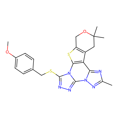 7-((4-methoxybenzyl)thio)-2,12,12-trimethyl-12,13-dihydro-10H-pyrano[4',3':4,5]thieno[3,2-e]bis([1,2,4]triazolo)[4,3-a:1',5'-c]pyrimidine structure