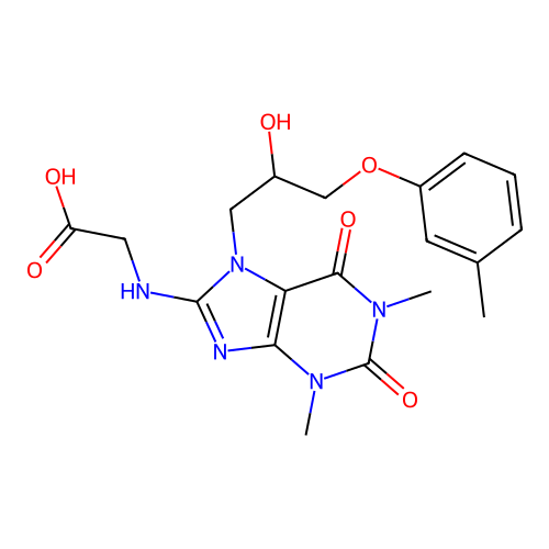 2-((7-(2-hydroxy-3-(m-tolyloxy)propyl)-1,3-dimethyl-2,6-dioxo-2,3,6,7-tetrahydro-1H-purin-8-yl)amino)acetic acid structure