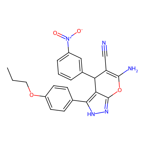 6-amino-4-(3-nitrophenyl)-3-(4-propoxyphenyl)-2,4-dihydropyrano[2,3-c]pyrazole-5-carbonitrile structure
