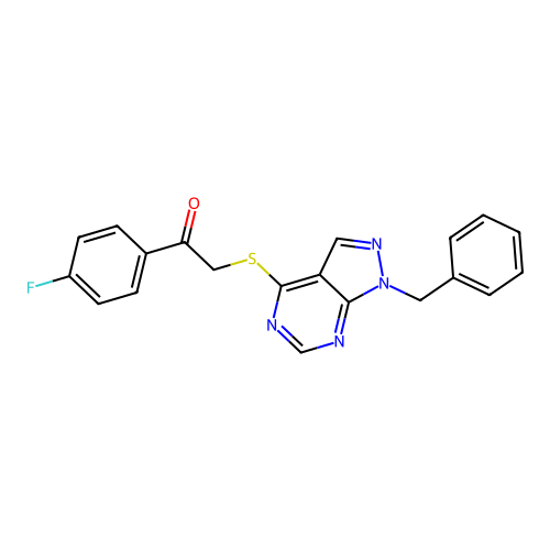 2-((1-benzyl-1H-pyrazolo[3,4-d]pyrimidin-4-yl)thio)-1-(4-fluorophenyl)ethanone structure