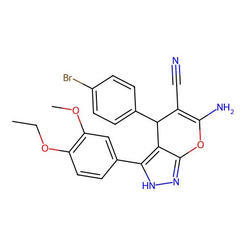 6-amino-4-(4-bromophenyl)-3-(4-ethoxy-3-methoxyphenyl)-2,4-dihydropyrano[2,3-c]pyrazole-5-carbonitrile structure