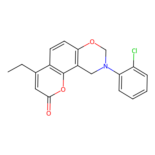 9-(2-chlorophenyl)-4-ethyl-9,10-dihydro-2H,8H-chromeno[8,7-e][1,3]oxazin-2-one structure
