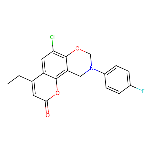 6-chloro-4-ethyl-9-(4-fluorophenyl)-8,10-dihydropyrano[2,3-f][1,3]benzoxazin-2-one structure