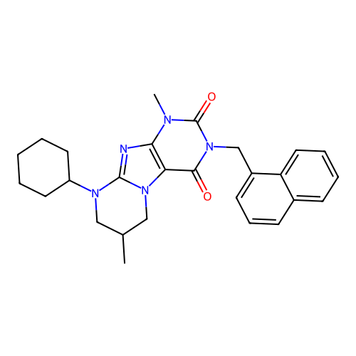 9-cyclohexyl-1,7-dimethyl-3-(naphthalen-1-ylmethyl)-6,7,8,9-tetrahydropyrimido[2,1-f]purine-2,4(1H,3H)-dione structure