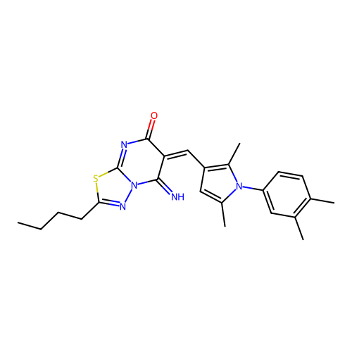 (6E)-2-butyl-6-[[1-(3,4-dimethylphenyl)-2,5-dimethylpyrrol-3-yl]methylidene]-5-imino-[1,3,4]thiadiazolo[3,2-a]pyrimidin-7-one structure
