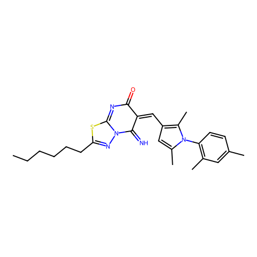 (6E)-6-[[1-(2,4-dimethylphenyl)-2,5-dimethylpyrrol-3-yl]methylidene]-2-hexyl-5-imino-[1,3,4]thiadiazolo[3,2-a]pyrimidin-7-one structure