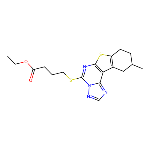 ethyl 4-((10-methyl-8,9,10,11-tetrahydrobenzo[4,5]thieno[3,2-e][1,2,4]triazolo[1,5-c]pyrimidin-5-yl)thio)butanoate structure