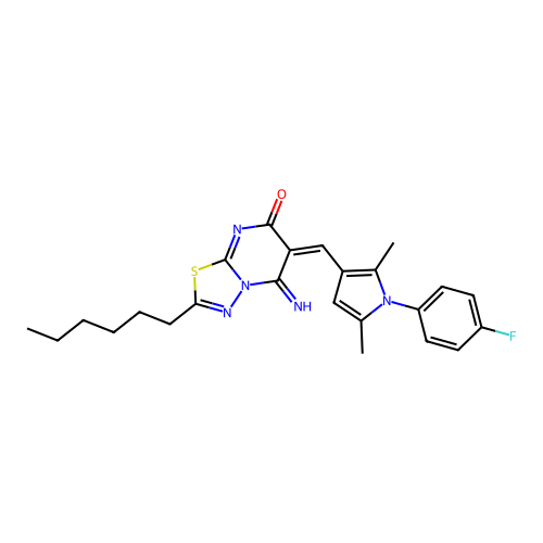 (6E)-6-[[1-(4-fluorophenyl)-2,5-dimethylpyrrol-3-yl]methylidene]-2-hexyl-5-imino-[1,3,4]thiadiazolo[3,2-a]pyrimidin-7-one structure