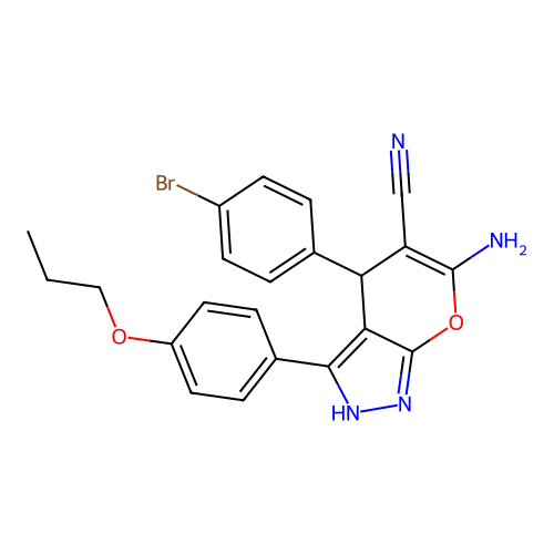 6-amino-4-(4-bromophenyl)-3-(4-propoxyphenyl)-2,4-dihydropyrano[2,3-c]pyrazole-5-carbonitrile structure
